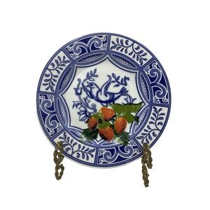 Blue Bird Ceramic Salad Plate‎ Blue & White With Strawberries 7 ¾" Made in Italy